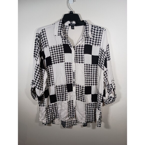 Rouge Collection Patchwork Houndstooth Roll Tab Collared Button Top Plus Size 2X - Picture 1 of 6